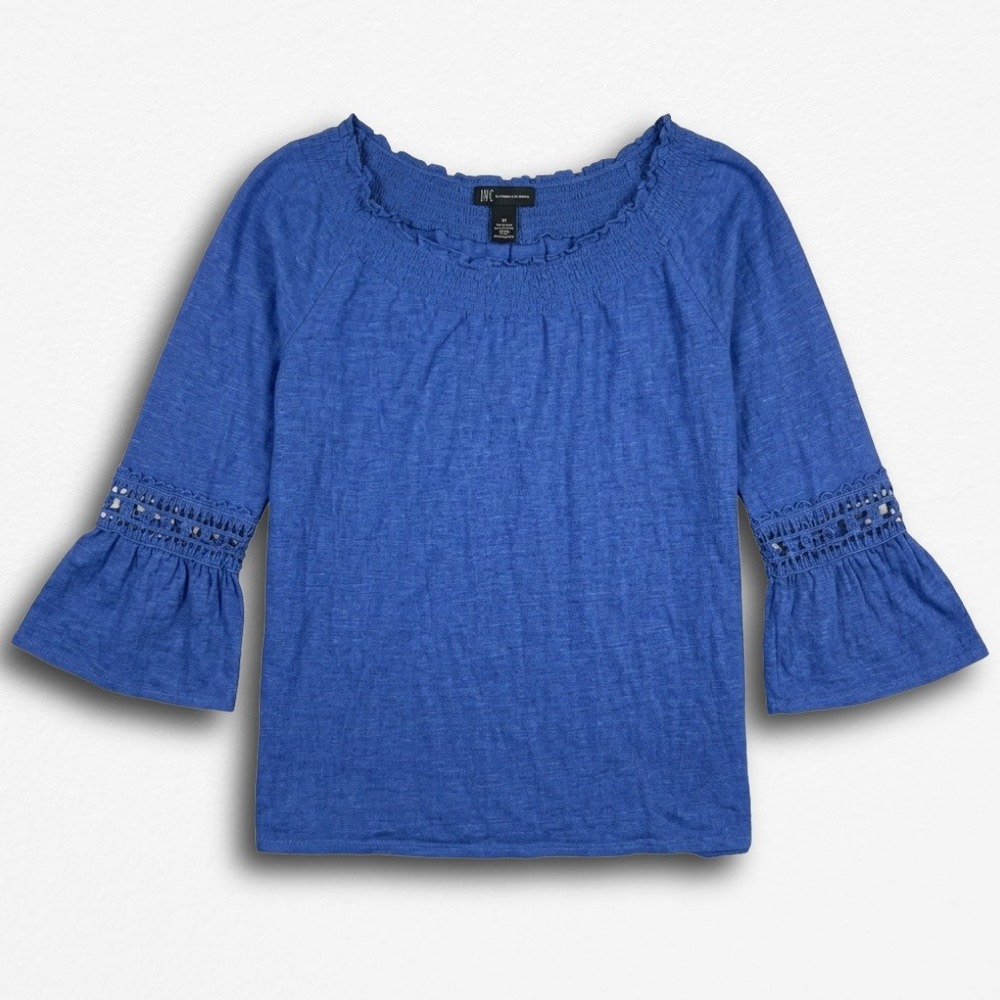 INC International Concepts Blue Smocked Neck Beaded Bell Sleeve Top Medium